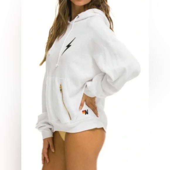 Aviator Nation White Relaxed Hoodie with black lightening bolt patch, Medium - Picture 2 of 8